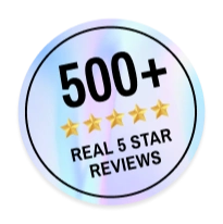 A circular badge with a holographic background proudly displays the text 500+ REAL 5 STAR REVIEWS, showcasing the excellence of an enterprise SEO agency, with five gold stars gleaming beneath.