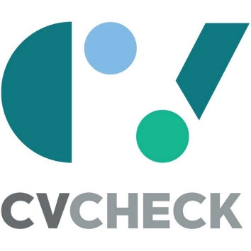 Logo of CV Check, featuring geometric shapes: a dark teal semicircle, a light blue circle, and a teal-green circle and triangle forming a checkmark. The text CV CHECK is in gray below the shapes.