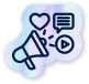 Illustration of a megaphone with icons of a heart, chat bubble, and play button, symbolizing communication or social media engagement—a perfect fit for any digital marketing agency. The design features a border and a subtle gradient background.