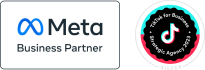 Logos of Meta Business Partner and TikTok Marketing Partner 2023 are displayed side by side. The Meta logo includes the infinity symbol, and the TikTok logo features a musical note design.