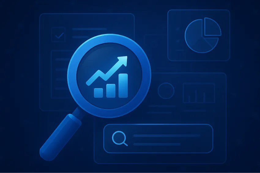 Illustration of a magnifying glass highlighting a rising bar graph and arrow, symbolising SEO analysis and growth. Surrounding icons include charts and data elements on a dark blue tech-themed background. Represents tools and strategies for checking website SEO performance, search engine visibility, and optimising digital presence for better rankings.