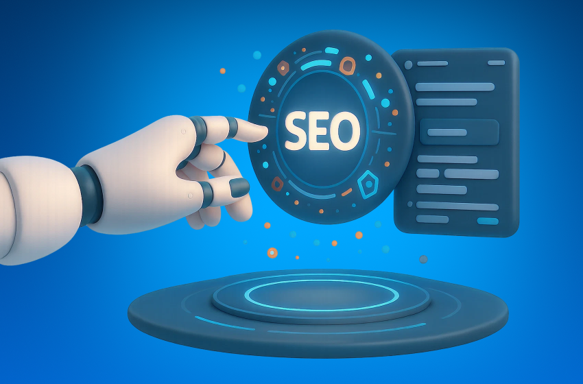 A robot hand interacting with SEO interface, showcasing futuristic technology, digital marketing, and AI search optimization tools