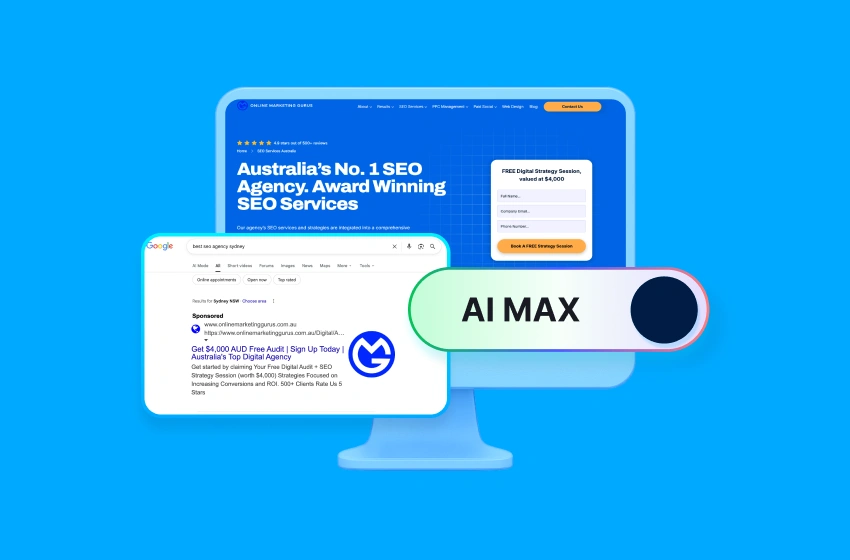 Computer screen displaying Online Marketing Gurus’ website with Google search ad preview and AI Max toggle, symbolising AI-powered PPC and digital marketing automation.