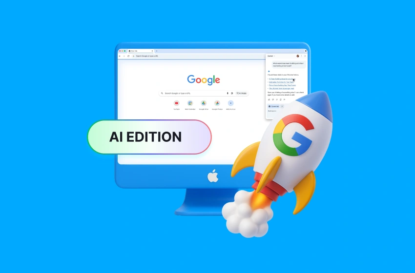 A computer screen displaying Google Chrome with Gemini AI integration, showcasing new AI-powered features in the Chrome Browser for digital marketing.