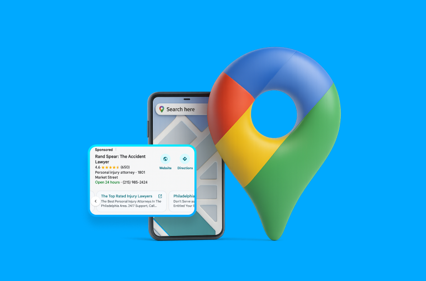 A smartphone screen displaying a Google Maps ad for a local lawyer, featuring scrollable sitelinks with options like “Website” and “Directions,” beside a large 3D Google Maps pin logo representing local advertising and PPC updates.