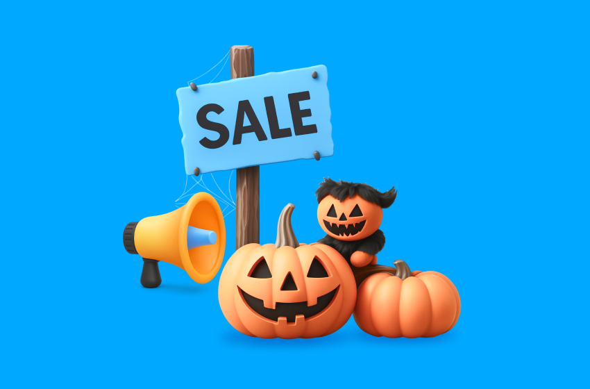 3D Halloween pumpkins and a “Sale” sign beside a megaphone on a blue background — representing seasonal promotions and creative digital marketing campaigns, with a focus on SEO, PPC and Social Media strategies that boost visibility during Halloween sales.