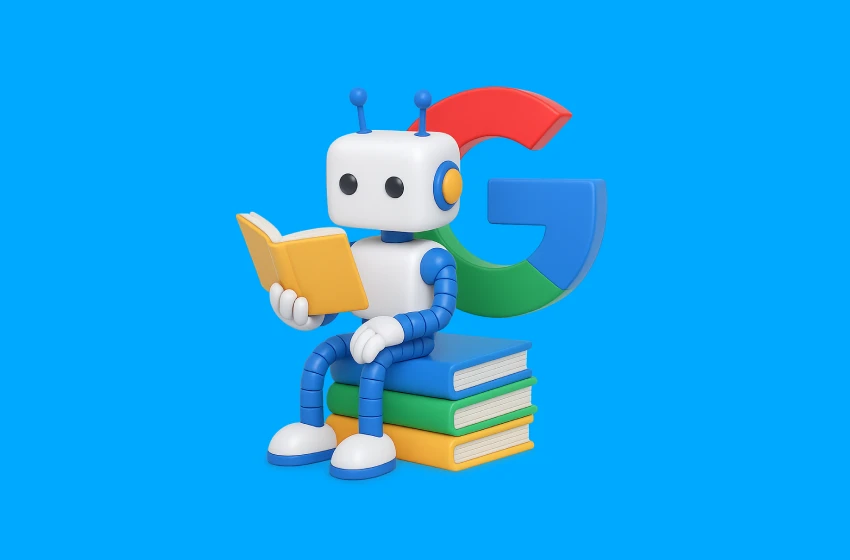 3D illustration of a friendly Google robot reading a book while sitting on stacked books with the Google “G” logo behind it, symbolizing Google AI learning and the evolution of generative AI for smarter digital marketing.