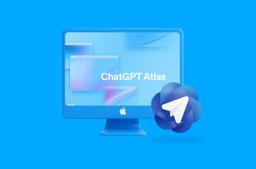Illustration of a blue Apple desktop computer displaying the text “ChatGPT Atlas” on screen, with multiple translucent browser windows in the background and the ChatGPT Atlas logo in front, set against a bright blue backdrop.