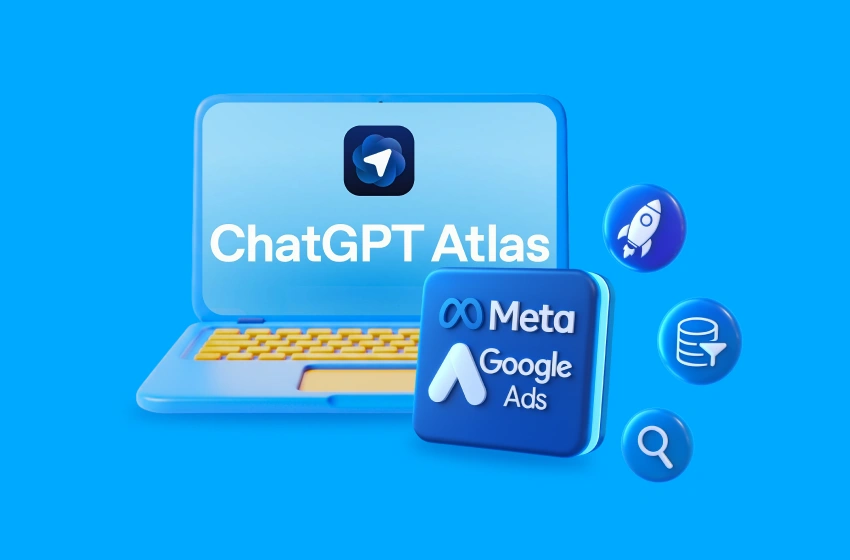 3D digital illustration showing a laptop with the ChatGPT Atlas logo alongside Meta and Google Ads icons, symbolising the modern digital marketing creative stack powered by AI, automation, and advertising tools.